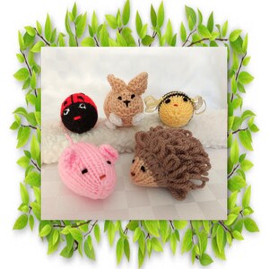 May include: Five knitted animal toys: a ladybug, a bunny, a bee, a hedgehog, and a pig. The toys are all small and made with different coloured yarn.