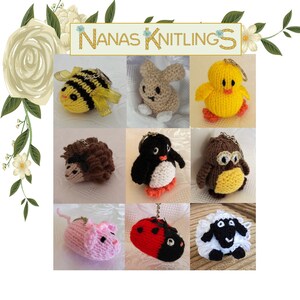 May include: A collection of nine knitted animal keychains. The keychains include a bee, bunny, chick, hedgehog, penguin, owl, mouse, ladybug, and sheep. The keychains are all made with different colored yarn and have different facial expressions.