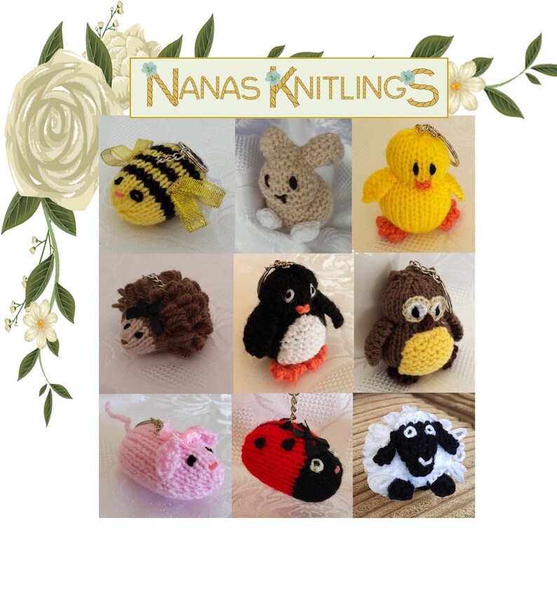 May include: A collection of nine knitted animal keychains. The keychains include a bee, bunny, chick, hedgehog, penguin, owl, mouse, ladybug, and sheep. The keychains are all made with different colored yarn and have different facial expressions.