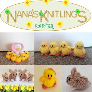 May include: A collection of knitted Easter chicks and bunnies. The chicks are yellow with black eyes and orange beaks. The bunnies are brown with black eyes and noses. The image also includes a sign that says "Nana's Knitlings Easter".