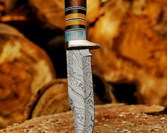 HUNTING KNIFE Hand forged Damascus Steel, Fancy Handle with Leather Bag Perfect gift for Men Anniversary Gift for Him Bowie Outdoor Hunting.