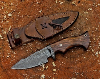 Bobcat Knife: Premium Damascus Hunting Knife with Brown Handle and Leather Sheath - A perfect Anniversary gift for him, Christmas Gift.
