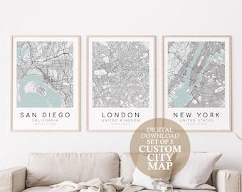 Set Of 3 Custom City Map, Digital Download, City Map Download, Printable art,Map Art,City Map Print, Valentines Day Gift, digital Prints