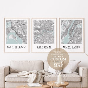 Conjunto de 3 mapas da cidade personalizados, download digital, download do mapa da cidade, arte para impressão, arte do mapa, impressão do mapa da cidade, presente de dia dos namorados, impressões digitais