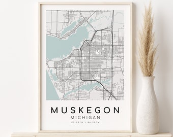 MUSKEGON Michigan City Map, MI Usa Home Map Print, Custom Locations, Anniversary, Custom Map, Home Map, gifts for her, Instant Download