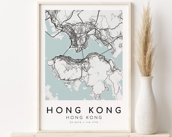 Mapa de la ciudad de Hong Kong, arte minimalista, mapa de Asia, regalo de mapa personalizado, regalo del día de San Valentín, mapa personalizado, decoración minimalista, descarga instantánea