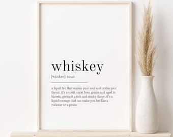 May include: A black and white printable art print with the definition of whiskey. The print features the word "whiskey" in bold, followed by its phonetic pronunciation and a definition describing it as a liquid fire that warms your soul and tickles your throat.