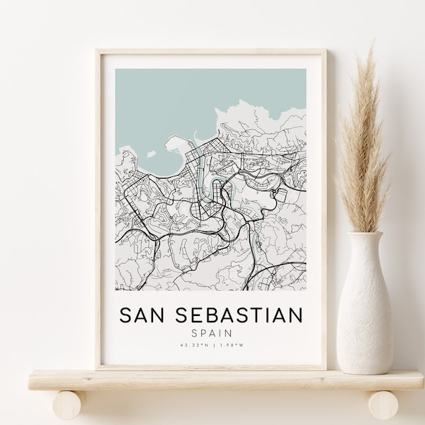 SAN SEBASTIAN Spain Map Print, city map poster, personalized gifts Designs, custom map gift, gifts for him, Digital Download, Instant map