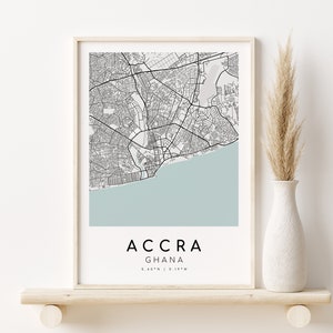 Mapa de la ciudad de ACCRA, arte del cartel del mapa de Ghana, impresión en azul y blanco, regalos personalizados imprimibles con decoración de arte de pared, regalo de mapa personalizado, descarga digital