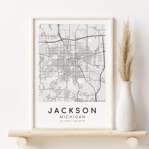 Impression de carte JACKSON Michigan, MI USA, cadeaux pour elle, impression de carte minimaliste, impression de bureau, art mural plan de la ville, cadeaux pour lui, impressions numériques