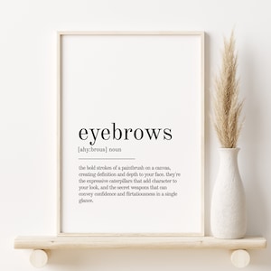 以下が含まれることがあります： 「眉毛」という言葉が太字で書かれた白黒の印刷可能な壁掛けアートプリントと、その言葉の定義が下に書かれています。定義は次のとおりです。「キャンバスに筆で大胆に描かれた線は、顔に輪郭と深みを与え、表情豊かな毛虫は顔に個性を与え、自信と遊び心をひと目で伝えることができる秘密兵器です。」