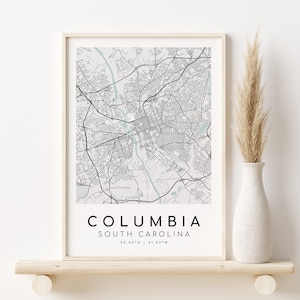 Mapa da cidade de COLUMBIA, impressões de mapas da cidade da Carolina do Sul SC EUA, designs de presentes personalizados, arte de mapa minimalista, presente de mapa personalizado, download digital