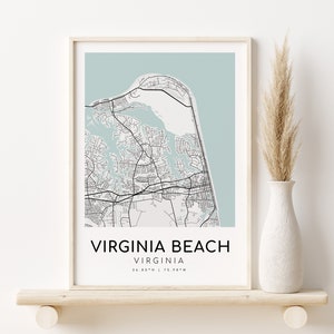 Impression de carte de Virginia Beach Virginia VA USA, cadeaux d'art minimaliste pour elle, plans et impressions de la ville, affiche de la carte de la ville, cadeaux pour lui, impressions numériques