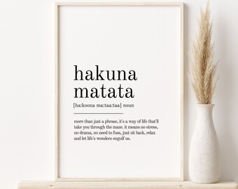 Hakuna Matata Definition Print, self love wall art, dictionary print, minimalist poster, home decor printable wall art, digital download