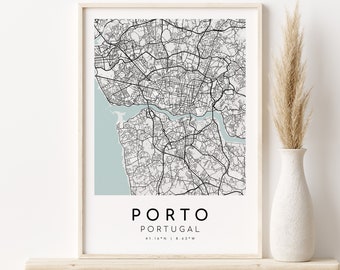 Porto Portugal Karte Druck, Wand Kunst Karte, alles Gute zum Jahrestag, Geburtstagsgeschenk, individueller Stadtplan Druck, Geschenke für Ihn, Instant Download