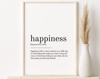 Może przedstawiać: Czarno-biały wydruk ścienny do druku z definicją słowa "happiness". Definicja brzmi: "happiness is like a warm sunbeam on a chilly day, it's that feeling that makes you want to sing and sway, it's that fuzzy feeling in your chest, the one that makes you feel truly blessed."