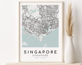 Carte de la ville de SINGAPOUR, impression de carte de Singapour, carte de la ville d'art mural, cadeau de joyeux anniversaire, impression de carte de la ville personnalisée, cadeaux pour lui, téléchargement immédiat