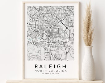 RALEIGH North Carolina Map Print, NC City Map Poster, unique gift idea, custom city maps, minimalist art, design download, Digital Download