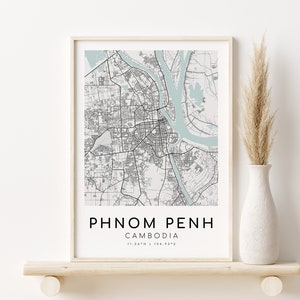 Impressão de mapa de PHNOM PENH, pôster do mapa da cidade do Camboja, presente de aniversário, mapas de cidades personalizados, arte minimalista, download de design, download digital