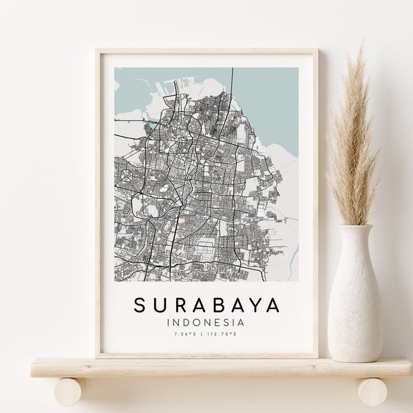 SURABAYA Indonesië kaart afdrukken, stadskaart poster, gepersonaliseerde geschenken ontwerpen, aangepaste kaart cadeau, cadeaus voor hem, digitale download, instant kaart