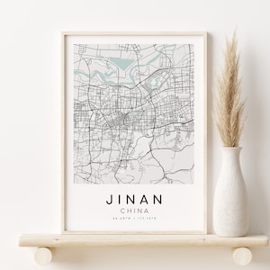 JINAN China Map Print, regalos para ella, Impresión de mapa minimalista, Impresión de oficina, mapa de la ciudad de arte de pared, regalos para él, Impresiones digitales