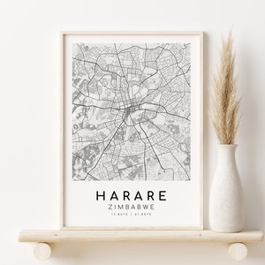 HARARE Simbabwe Karte Print, minimalistische Kunst, Geschenke für sie, Stadt Karte, Karten und Drucke, Stadt Karte Poster, Geschenke für ihn, Digitaldrucke
