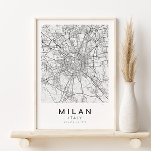 Mapa da cidade de Milão, pôster do mapa da Itália, impressão em azul e branco, decoração de arte de parede, presentes personalizados para impressão, presente de mapa personalizado, download digital