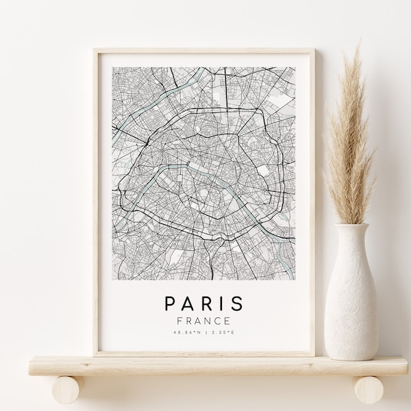 Impression de carte de Paris France, affiche de carte de la ville de Paris, idée cadeau unique, plans de ville personnalisés, art minimaliste, téléchargement de design, téléchargement numérique