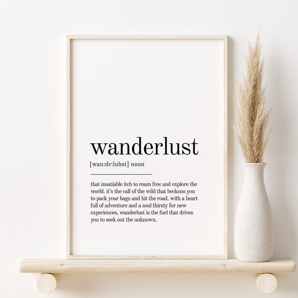 Stampa di definizione Wanderlust, arte della parete dell'amore per se stessi, stampa del dizionario Wanderlust, poster minimalista, arte della parete stampabile, download digitale
