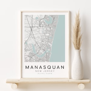 Mapa da cidade de Manasquan Nova Jersey, presente de casamento, presentes para ele, impressão de mapa de NJ, pôster de mapa dos EUA arte de mapa minimalista, presentes para ela, download instantâneo