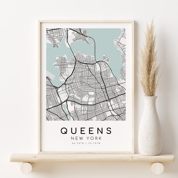 QUEENS New York City Map, NY Map Poster, blue and white print wall art decor printable personalized gifts, custom map gift, Digital Download