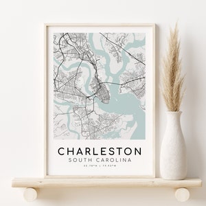 Mapa de la ciudad de CHARLESTON, impresión de mapas de Carolina del Sur SC EE. UU., regalo de cumpleaños de feliz aniversario, impresión de mapas de la ciudad personalizada, regalo para él, descarga digital