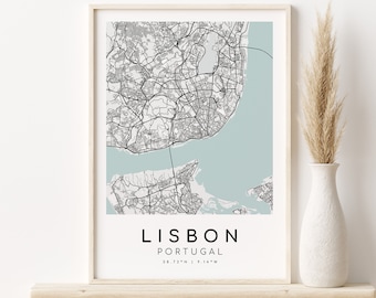 LISBON Portugal City Map, Lisbon City Map, Map Poster, custom map gift, engagement map print, new job gift, gifts for her, Digital Download