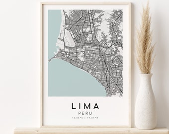 LIMA Perú Mapa Impresión, Cartel de la hoja de ruta de Lima, regalos para ella, regalo de mapa personalizado, arte minimalista, mapa de calles del país, Descarga instantánea