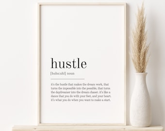 Könnte beinhalten: Ein schwarz-weißer druckbarer Wandkunstdruck mit dem Wort "hustle" definiert als "es ist der hustle, der den Traum zum Laufen bringt, der das Unmögliche zum Möglichen macht, der den Tagträumer zum Traumjäger macht. Es ist wie ein Tanz, den man mit seinen Füßen und seinem Herzen macht. Es ist das, was man tut, wenn man einen Anfang machen will."