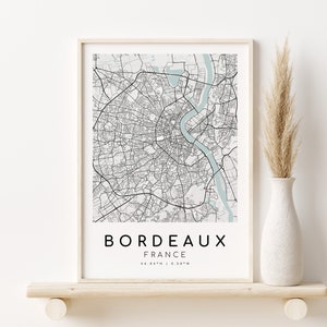 Impression de carte de BORDEAUX France, art minimaliste, cadeaux pour elle, plan de la ville moderne, cartes et impressions, affiche de carte de la ville, cadeaux pour lui, impressions numériques
