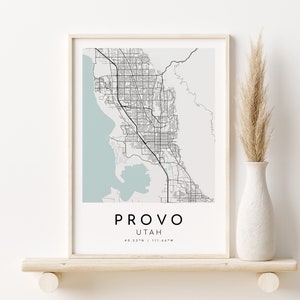 May include: A framed black and white map of Provo, Utah with the city name and coordinates printed below the map. The map is on a light wood shelf with a vase of dried pampas grass.