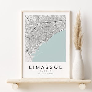 Plan de la ville de LIMASSOL Chypre, impression de carte cadeau, affiche de carte, art de carte minimaliste, cadeau unique, décoration de vacances, cadeaux pour lui, téléchargement numérique