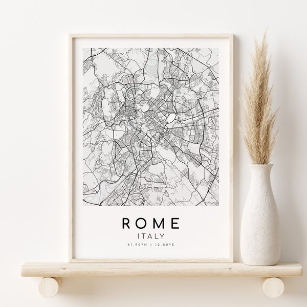 Impression de carte de ROME Italie, affiche de carte de la ville de Rome, cadeaux pour elle, carte de la ville imprimable de l'Italie, art minimaliste, cartes et estampes, téléchargement immédiat