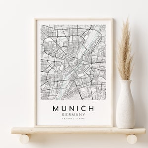 Impressão de mapa de MUNIQUE, presentes para ela, impressão de mapa minimalista da Europa Alemanha, impressão de escritório, mapa da cidade de arte de parede, presentes para ele, impressões digitais