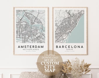 Set Of 2 Custom City Map, Digital City Prints Download , Posters Digital Download, City Map Print, gifts for her, Printable wall art