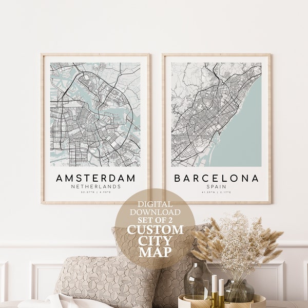 Conjunto de 2 mapas de la ciudad personalizados, descarga de impresiones digitales de la ciudad, descarga digital de carteles, impresión de mapas de la ciudad, regalos para ella, arte de pared imprimible