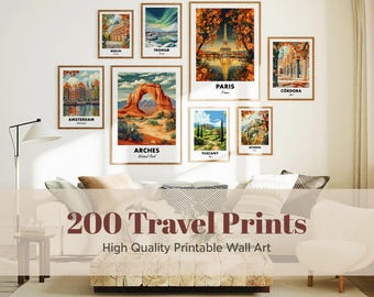 200 Travel Wall Art Set, Vintage Travel Posters, City & Landscape Prints, Wanderlust Home Decor, Printable Travel Art, Gallery Wall Decor