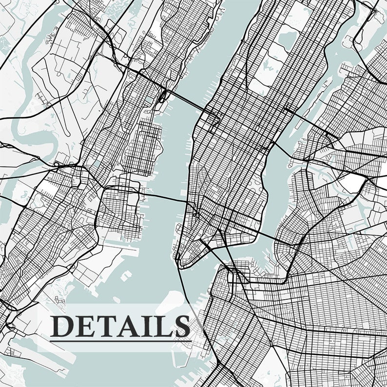 May include: A detailed black and white map of New York City, including Manhattan, Brooklyn, and surrounding areas, with the word "DETAILS" in a bold font at the bottom. The waterways are a light blue color.