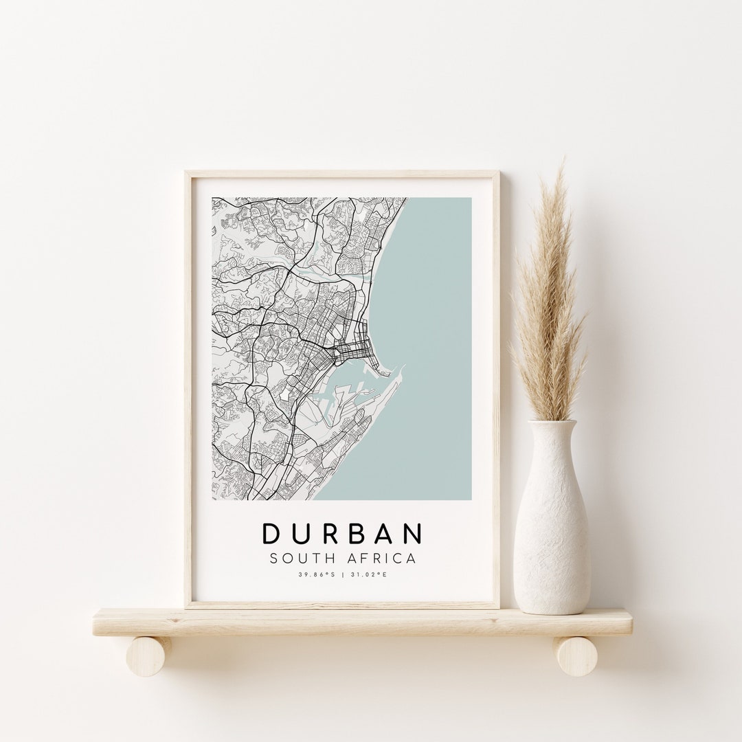 DURBAN South Africa City Map Poster, Blue and White Print, Wall Art Decor Printable Personalized