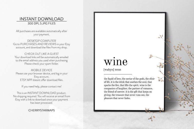 May include: Black and white printable wall art with the word "wine" defined as "the liquid of love, the nectar of the gods, the elixir of life... the pleasure that never fades."