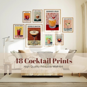 May include: A collection of framed cocktail prints, including "Whiskey Sour," "Espresso Martini," and "Bloody Mary," displayed on a white wall. The prints are arranged above a sofa and coffee table, with the text "48 Cocktail Prints" visible.