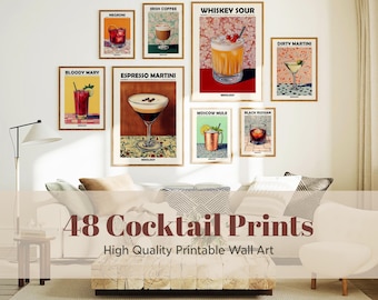 48 Cocktail Wall Art Set, Mixology Prints, Bar Wall Decor, Retro Drink Illustrations, Printable Cocktail Art,Home Bar Poster Set for Kitchen
