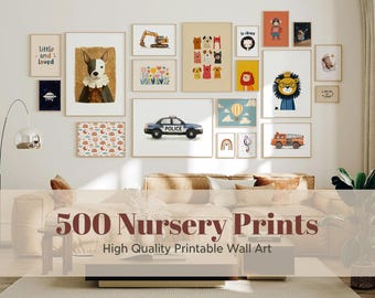 500 Nursery Wall Art Set, Cute Animal Nursery Prints, Kids Room Decor, Neutral Baby Room Art, Printable Nursery Illustration, Gallery Art