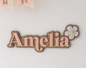 Double layered acrylic daisy oak wood nursery name | Personalised wooden name | Nursery decor | Personalised nursery name